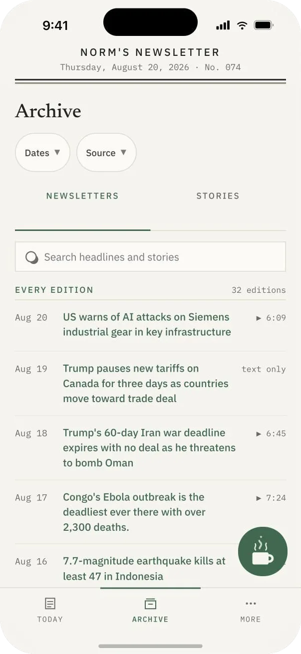 The archive listing every edition by date, with a search box above it.