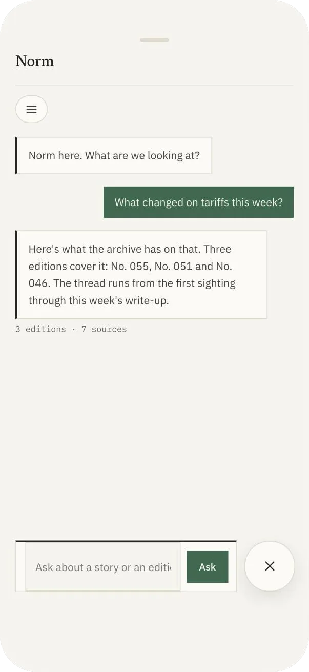 Norm answering a question about the archive, with the editions and sources it drew on.